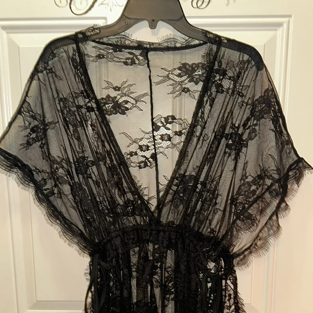 Vvbehot Sheer Black Lace Robe‎ with Deep V-Neck and Flowing Design